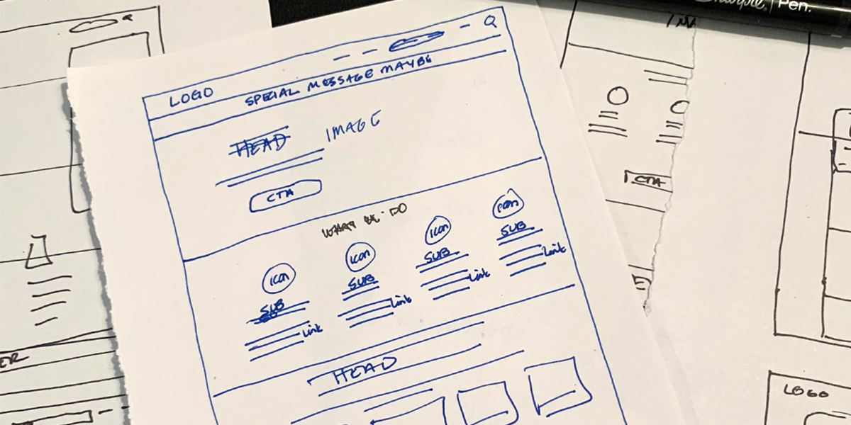 Wireframe sketches of landing page for The Hubert Company